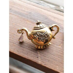 Vintage Avon Gold-Tone Teapot Brooch With Rose Design & Crystal Accent